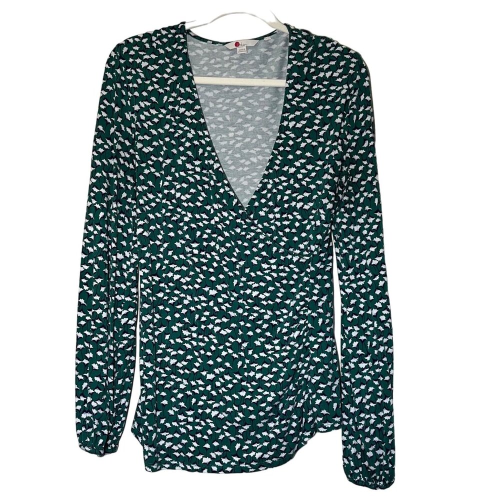 Boden Womens Green Floral Long Sleeve V-Neck wraBlouse Size 12 Viscose & Elastan